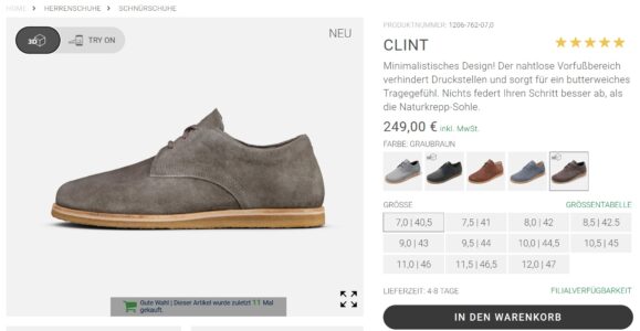 Virtuelle Schuhanprobe bei BÄR Schuhe: Herrenschuh „CLINT“ in 3D-Ansicht mit Try-On-Funktion. Graubrauner Lederschuh mit Naturkrepp-Sohle, online konfigurierbar in verschiedenen Farben und Größen.